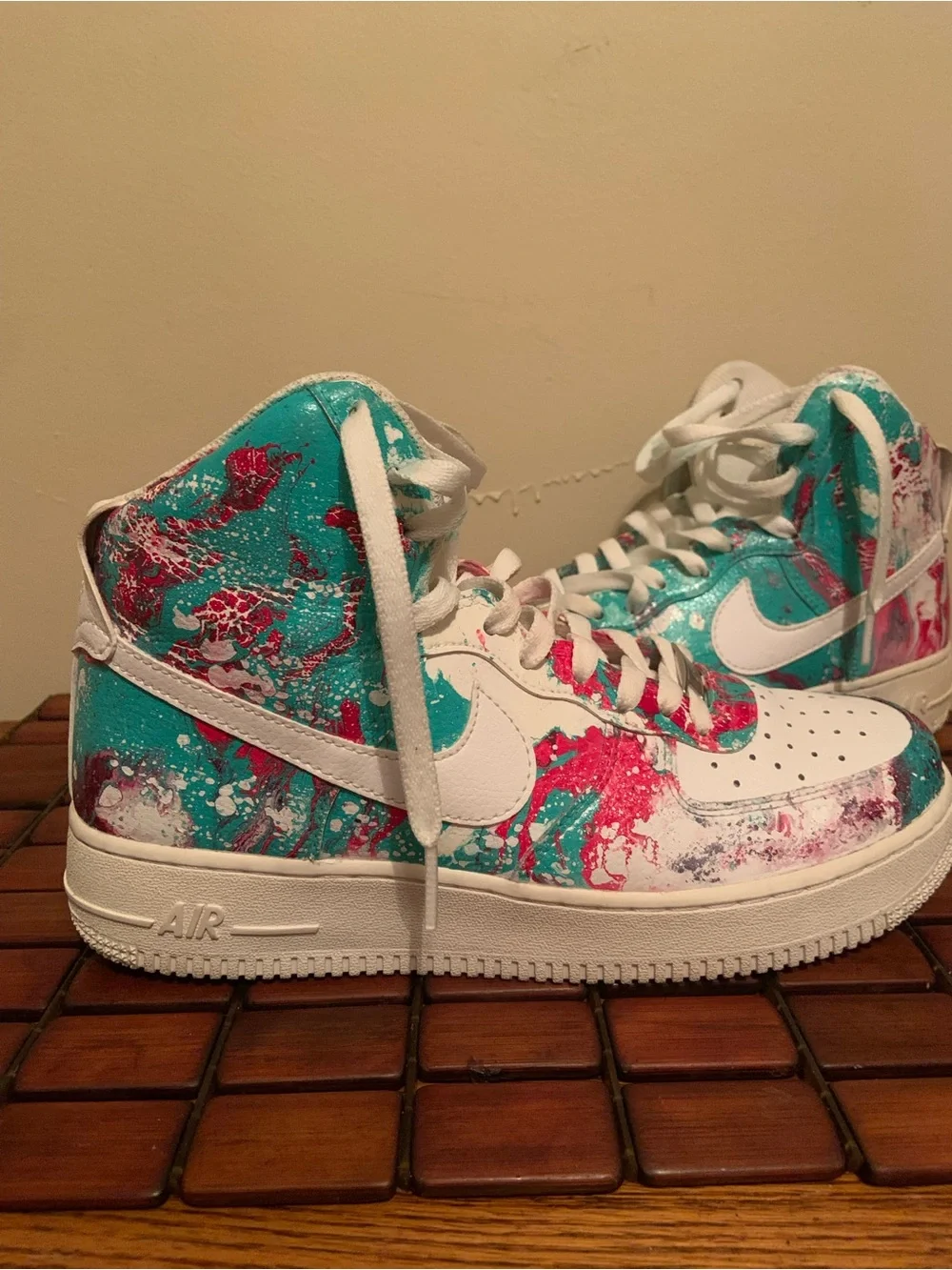 Nike Air Force 1 High Top Sneakers - Teal & Pink Paint Splatter custom dipped